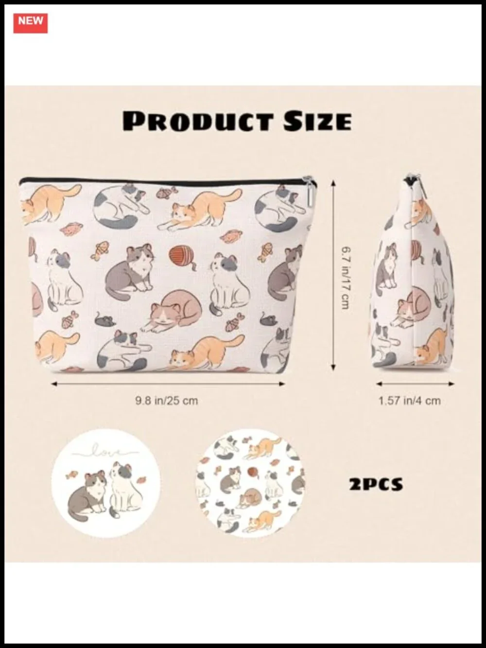 Canvas Makeup Bags for Women, Cat Cosmetic Pouch, Large Capacity Travel